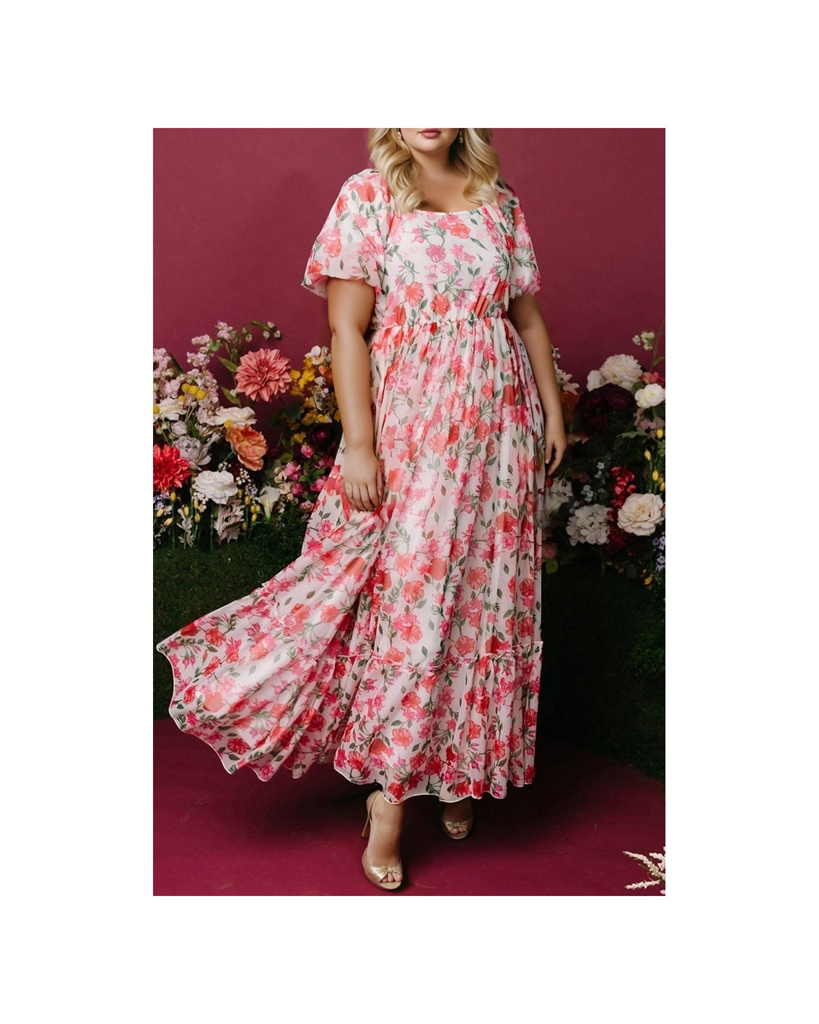 V539-AZEXPL6124210-P1020-2X-202508301240-00 Pink Plus Size Floral Square Neck Puff Sleeve Ruffle Maxi Dress - 2X - Image 1