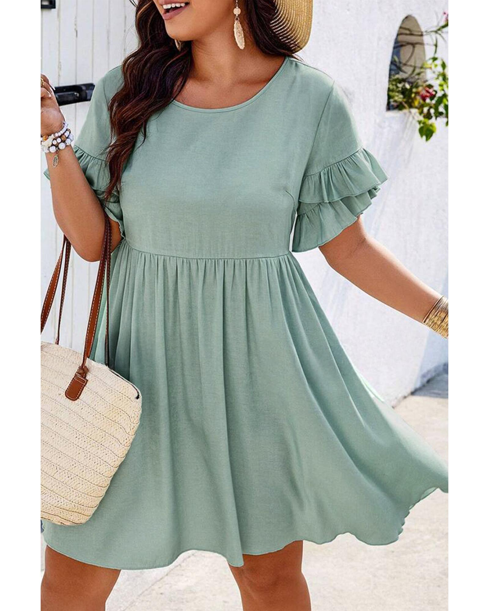 V539-AZEXPL612453-P1109-4X-202508300725-00 Grass Green Ruffle Trim Short Sleeve Plus Size Flared Mini Dress - 4X - Image 1