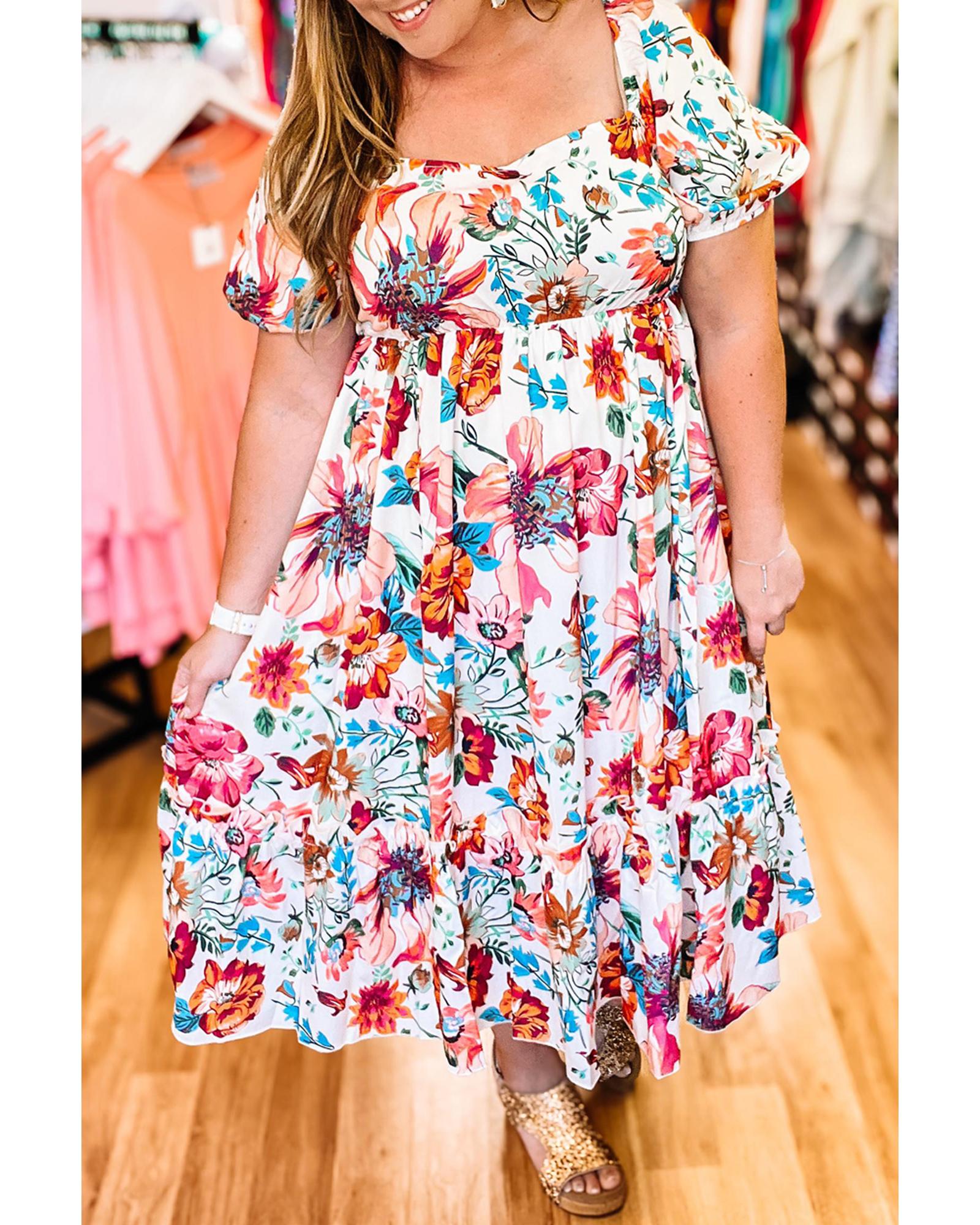 V539-AZEXPL612567-P120-3X-202508301715-00 White Floral Square Neck Puff Sleeve Flowy Plus Size Midi Dress - 3X - Image 1