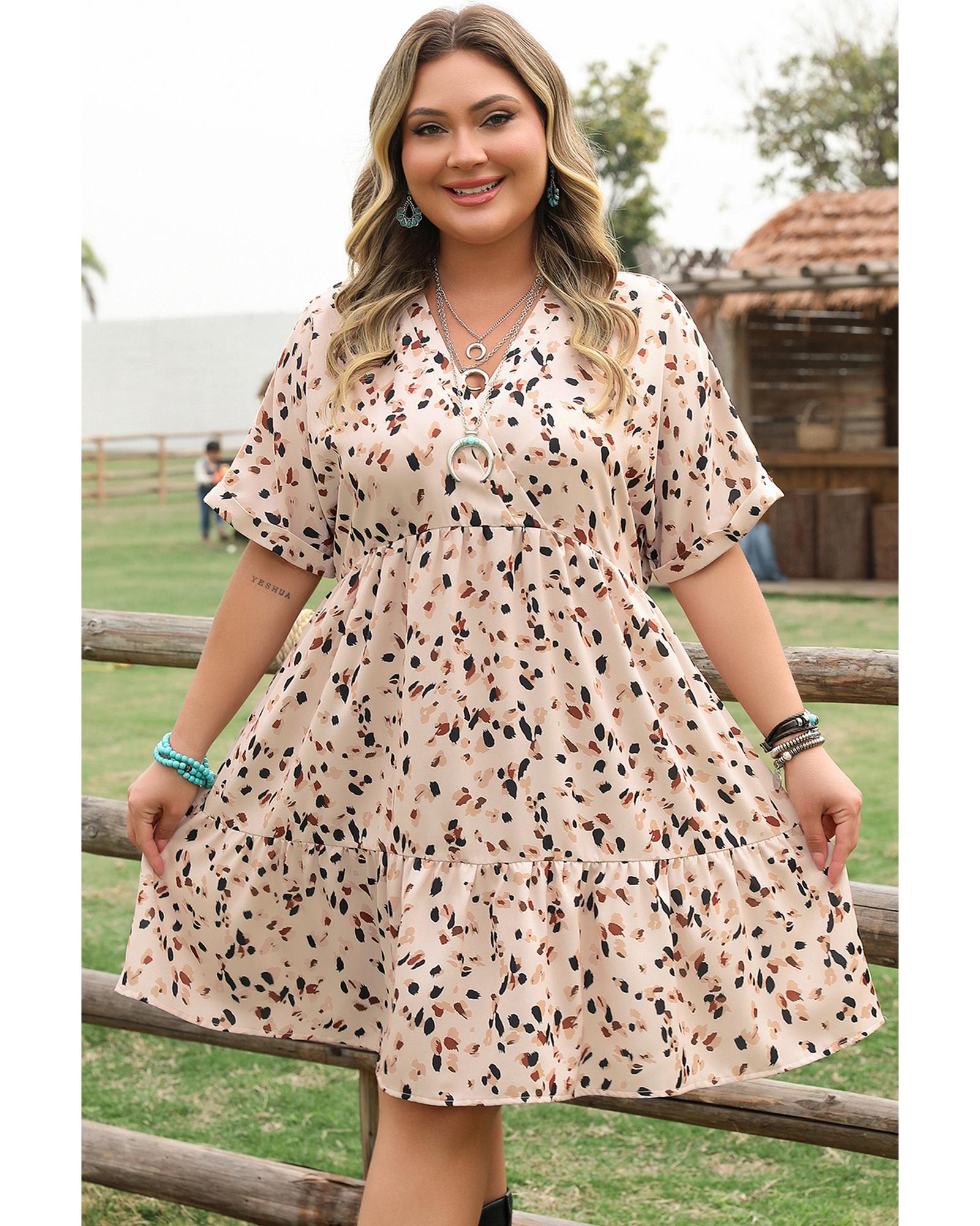 V539-AZEXPL612615-P1520-2X-202508301850-00 Beige Printed Surplice V Neck Cuffed Sleeve Empire Waist Plus Size Dress - 2X - Image 1
