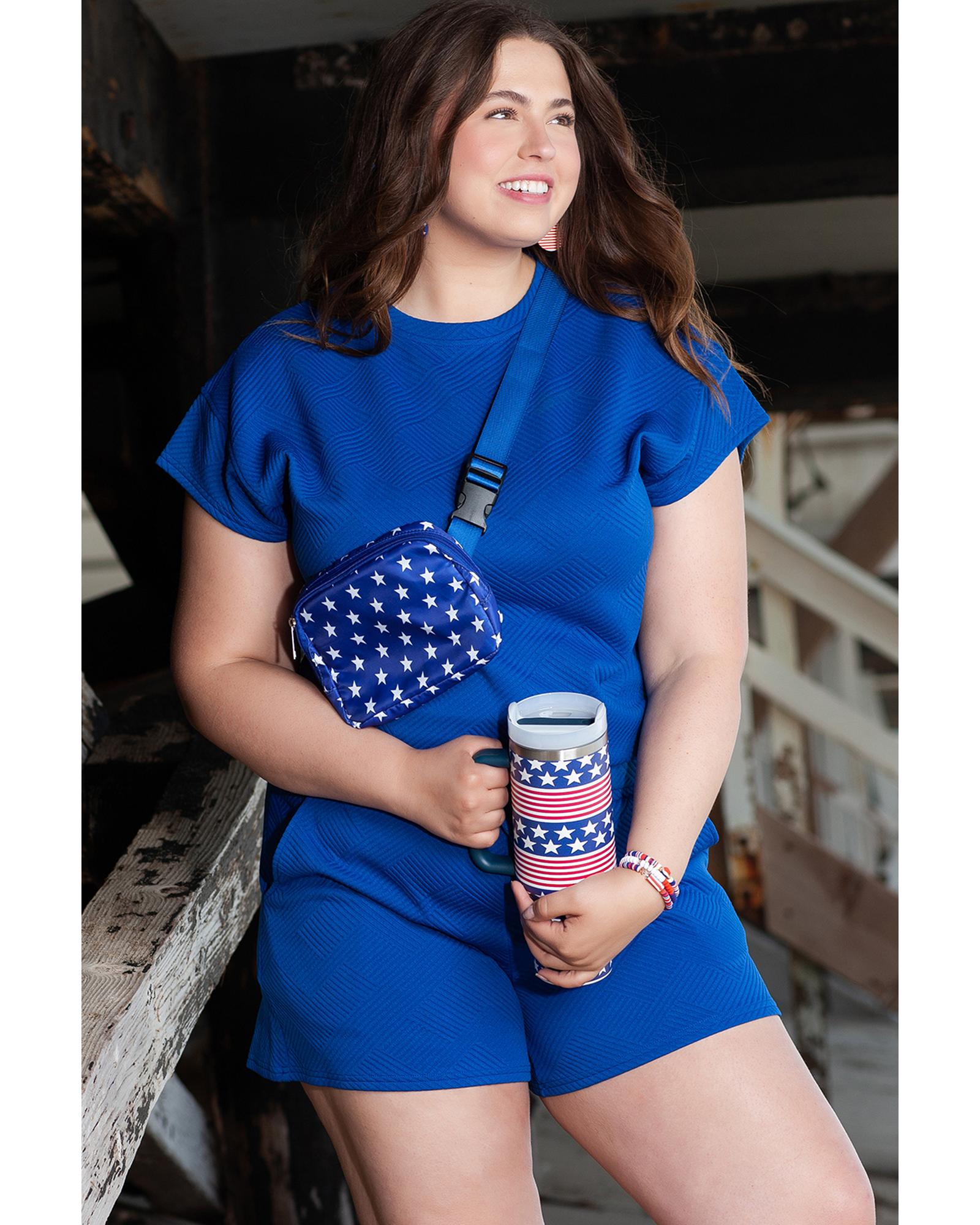 V539-AZEXPL62079-P5-1X-202506152207-00 Dark Blue Plus Size Fashion Textured Short 2pcs Outfit - 1X - Image 1