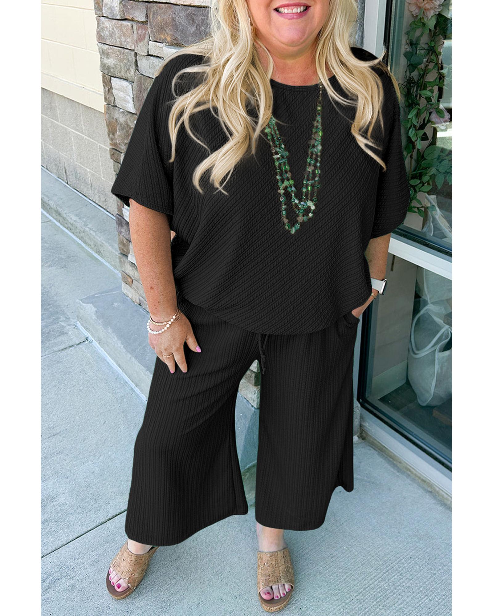 V539-AZEXPL62134-P2-4X-202508300845-00 Black Textured Batwing Sleeve Tee Wide Leg Pants Plus Size Set - 4X - Image 1