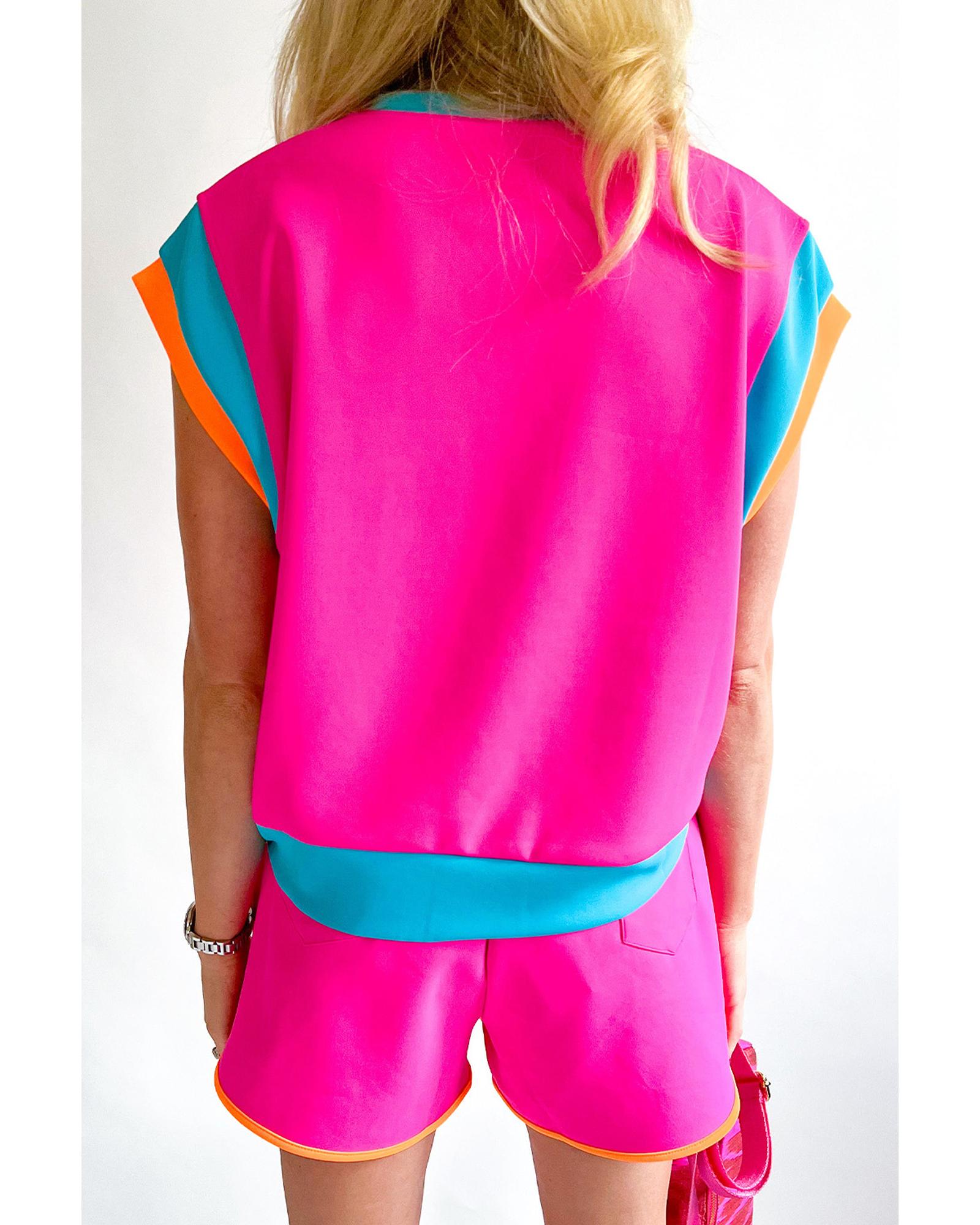 V539-AZEXPL626037-P6-1X-202506152252-00 Rose Red Colorblock Patchwork Cap Sleeve Top Plus Size Shorts Set - 1X - Image 1