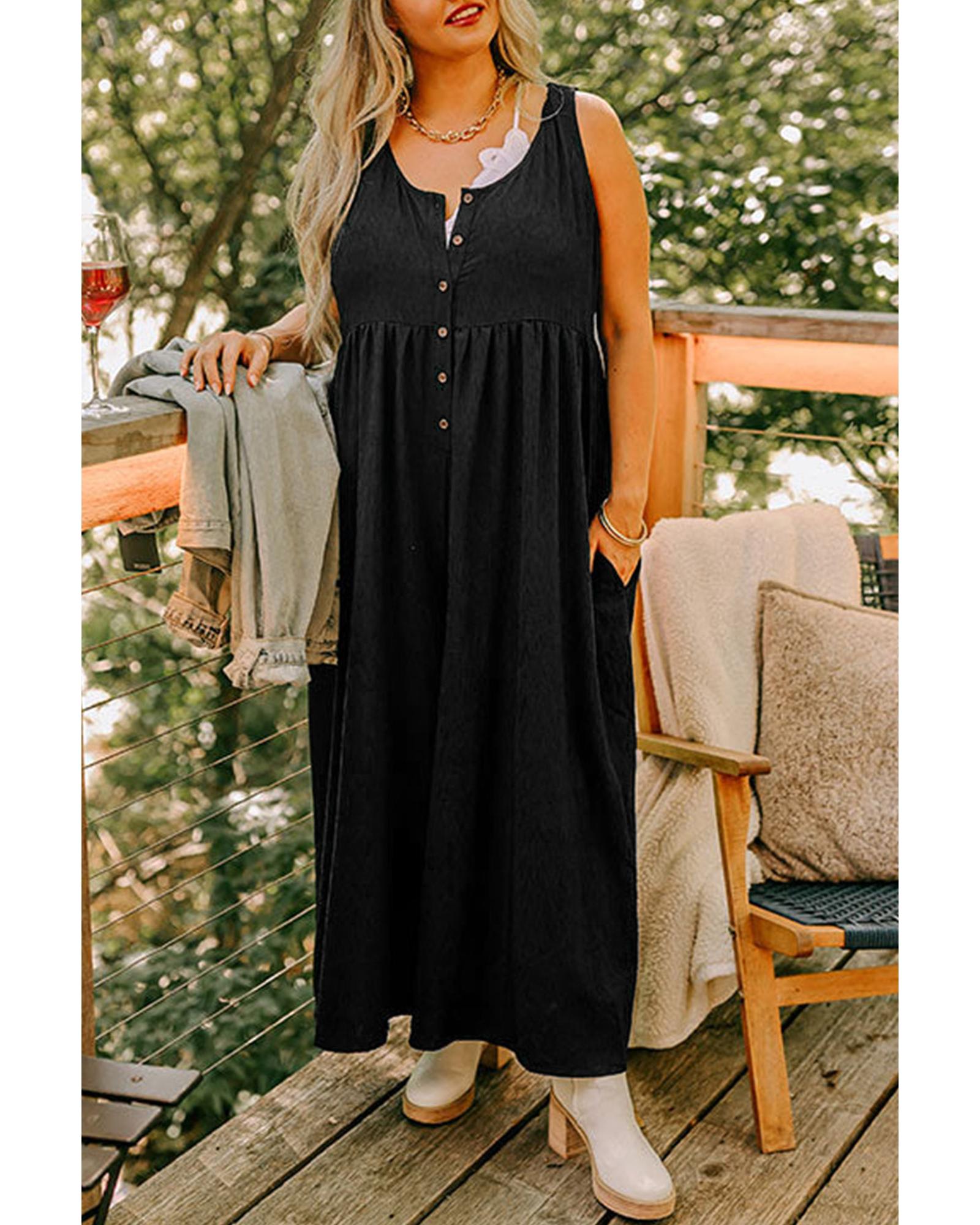 V539-AZEXPL641300-P2-4X-202508251502-00 Black Plus Size Sleeveless Button Front Loose Jumpsuit - 4X - Image 1