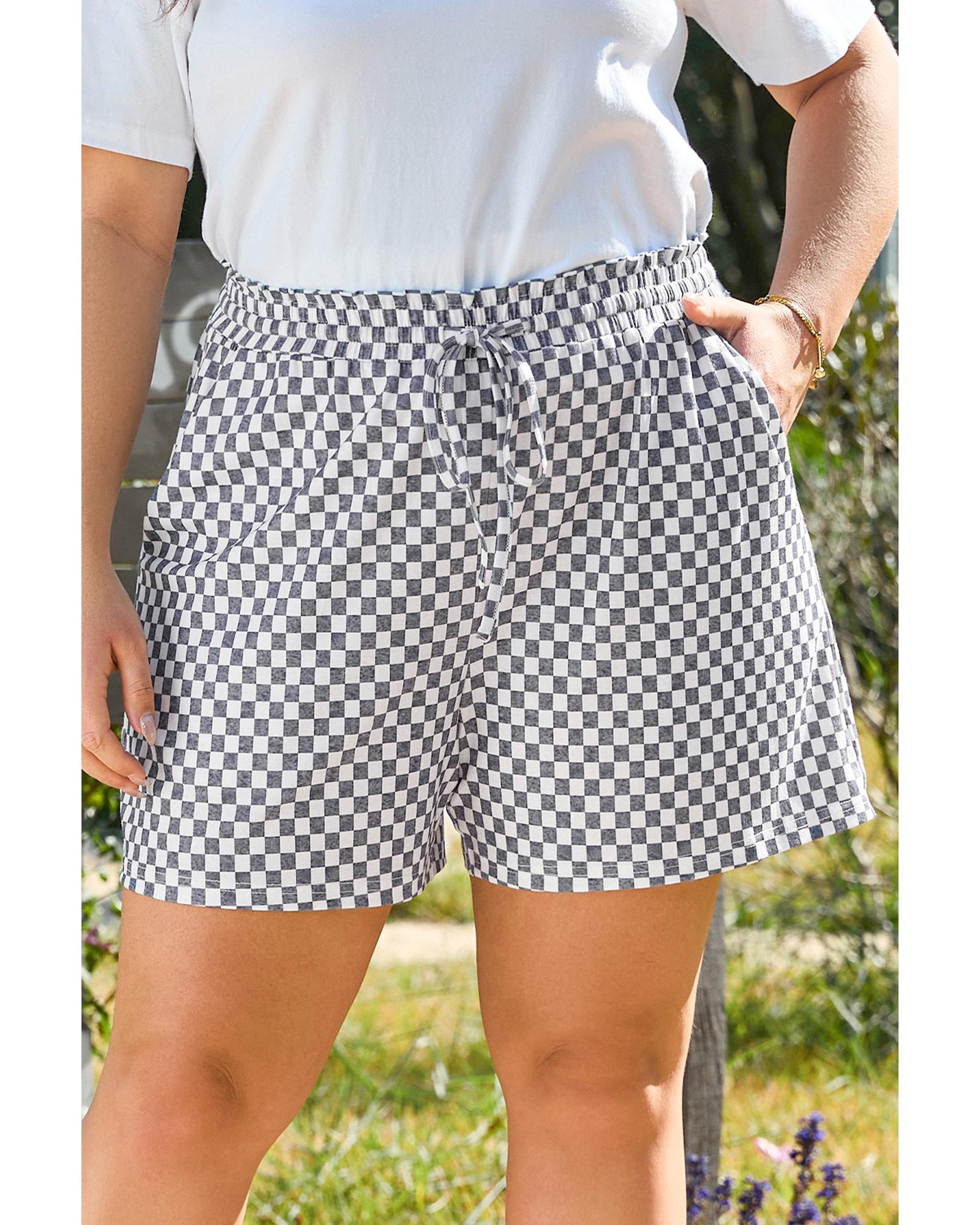 V539-AZEXPL731097-P1120-4X-202508301330-00 Gray Checkerboard Lace-Up High Waist Plus Size Casual Shorts - 4X - Image 1