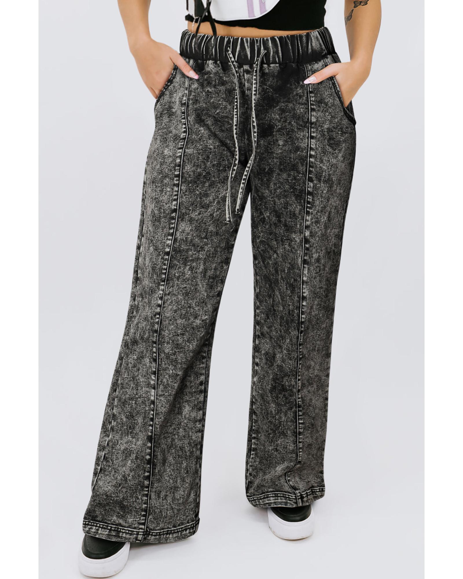 V539-AZEXPL787148-P2-3X-202506152040-00 Black Plus Size Tie Dye Drawstring Splicing Wide Leg Jeans - 3X - Image 1