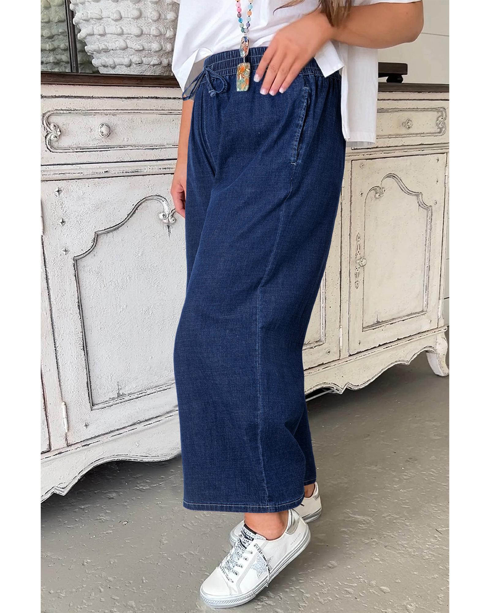 V539-AZEXPL787215-P705-2X-202508301420-00 Real Teal Plus Size Drawstring High Waist Wide Leg Casual Jeans - 2X - Image 1