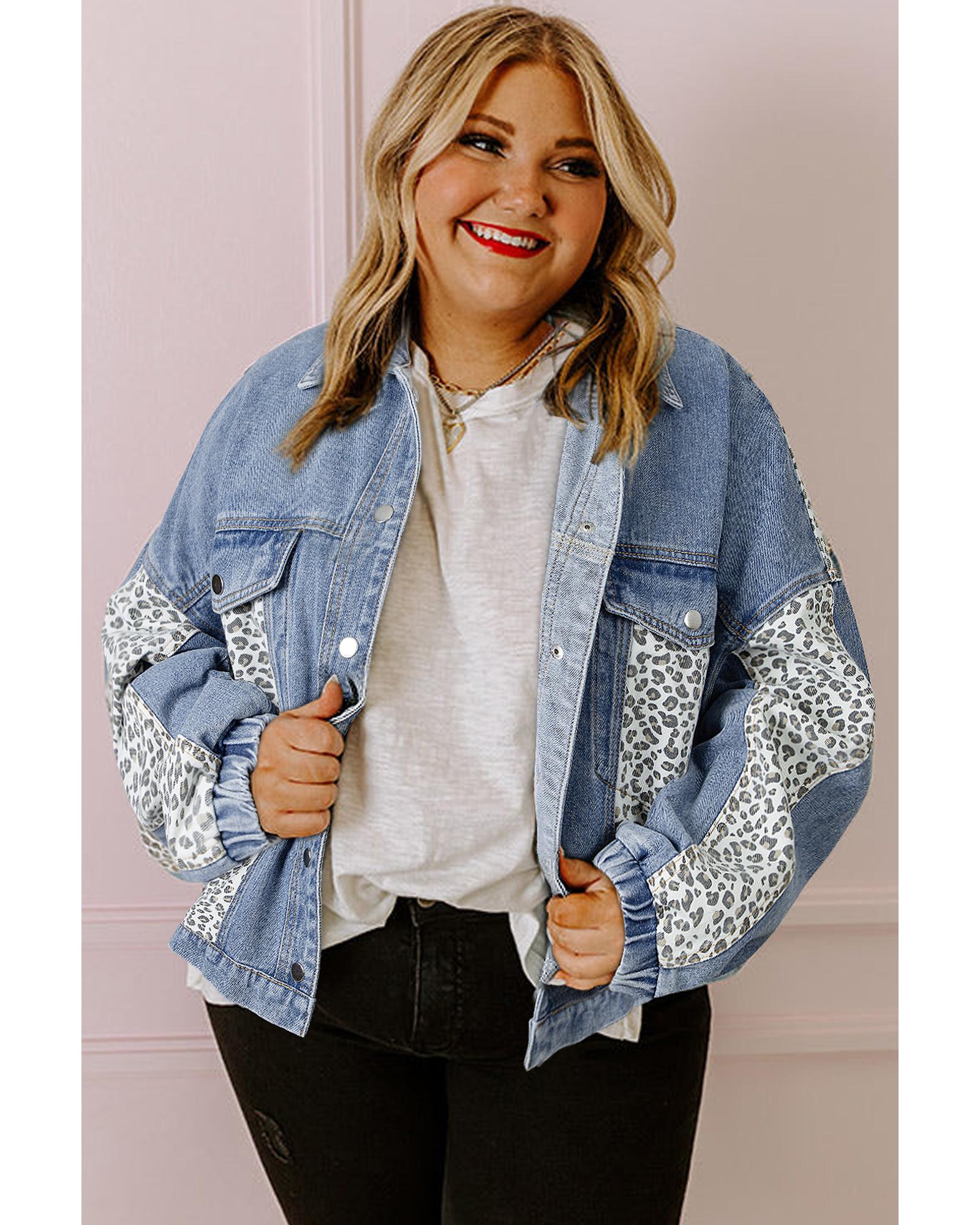 V539-AZEXPL788052-P804-3X-202508301150-00 Beau Blue Leopard Patchwork Flap Detail Plus Size Denim Jacket - 3X - Image 1