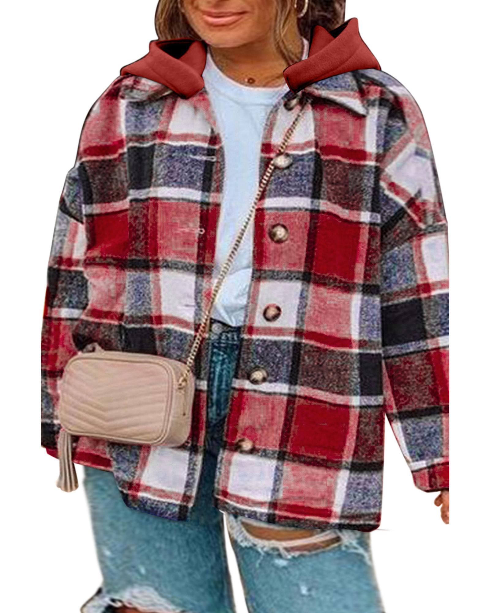 V539-AZEXPL8512507-P320-1X-202506152211-00 Red Printed Plus Size Plaid Button up Hooded Jacket - 1X - Image 1