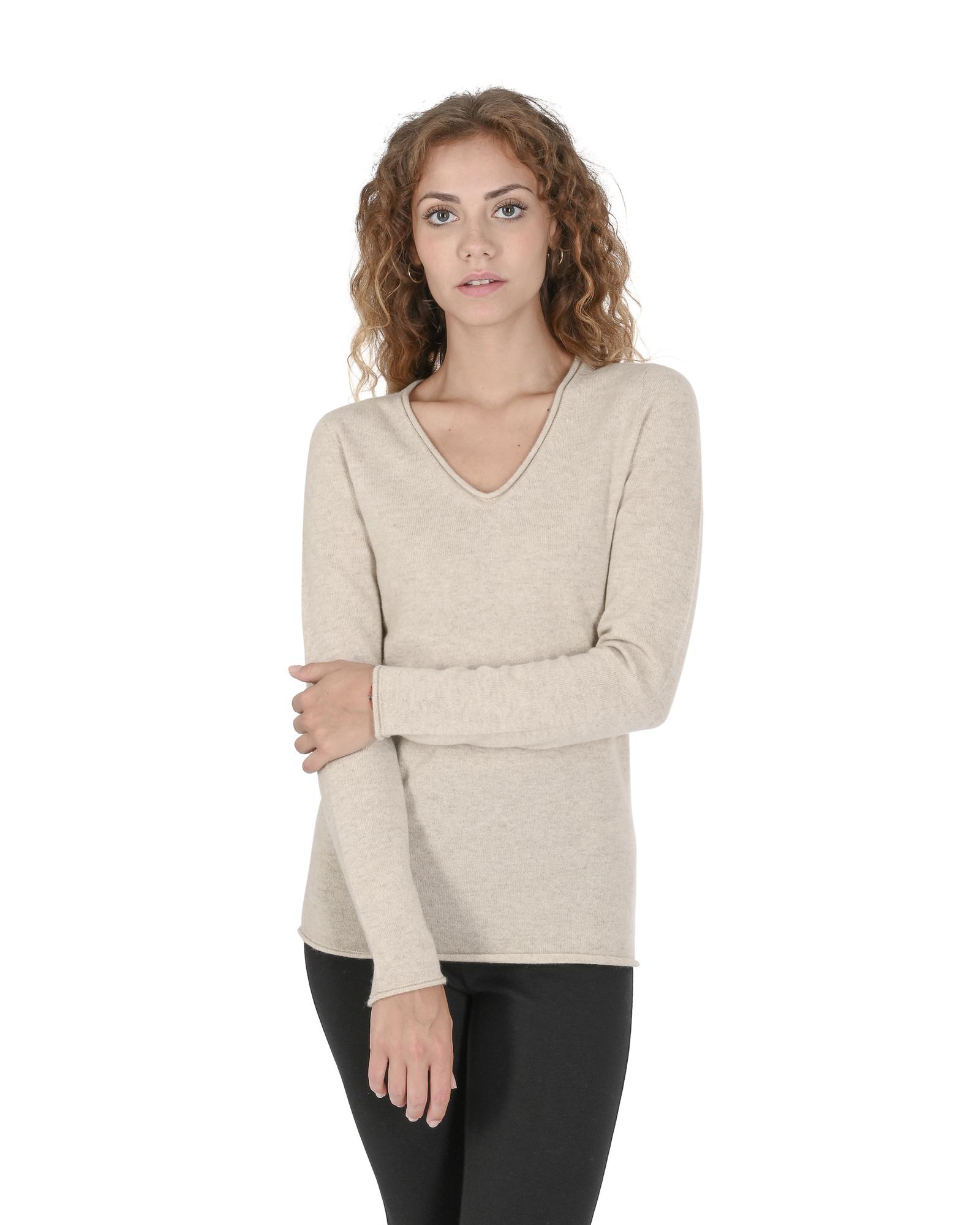 V539-BTB108292-168846-00 Crown of Edinburgh Cashmere Women's Premium Italian Cashmere V-Neck Sweater in Beige - 46 EU - Image 1