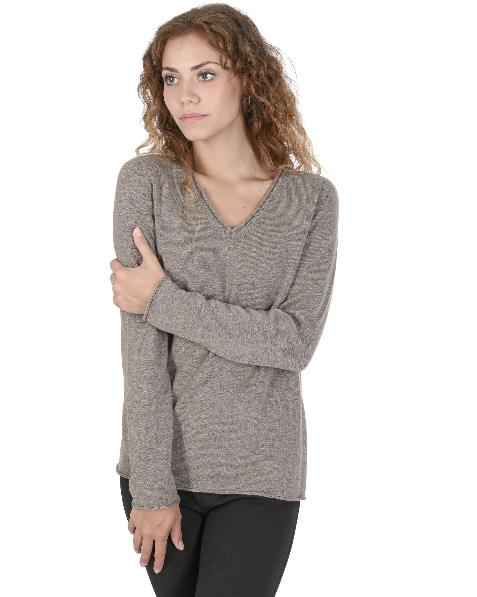 V539-BTB108339-169139-00 Crown of Edinburgh Cashmere Women's Premium Cashmere V-Neck Sweater in Taupe - 42 EU - Image 1