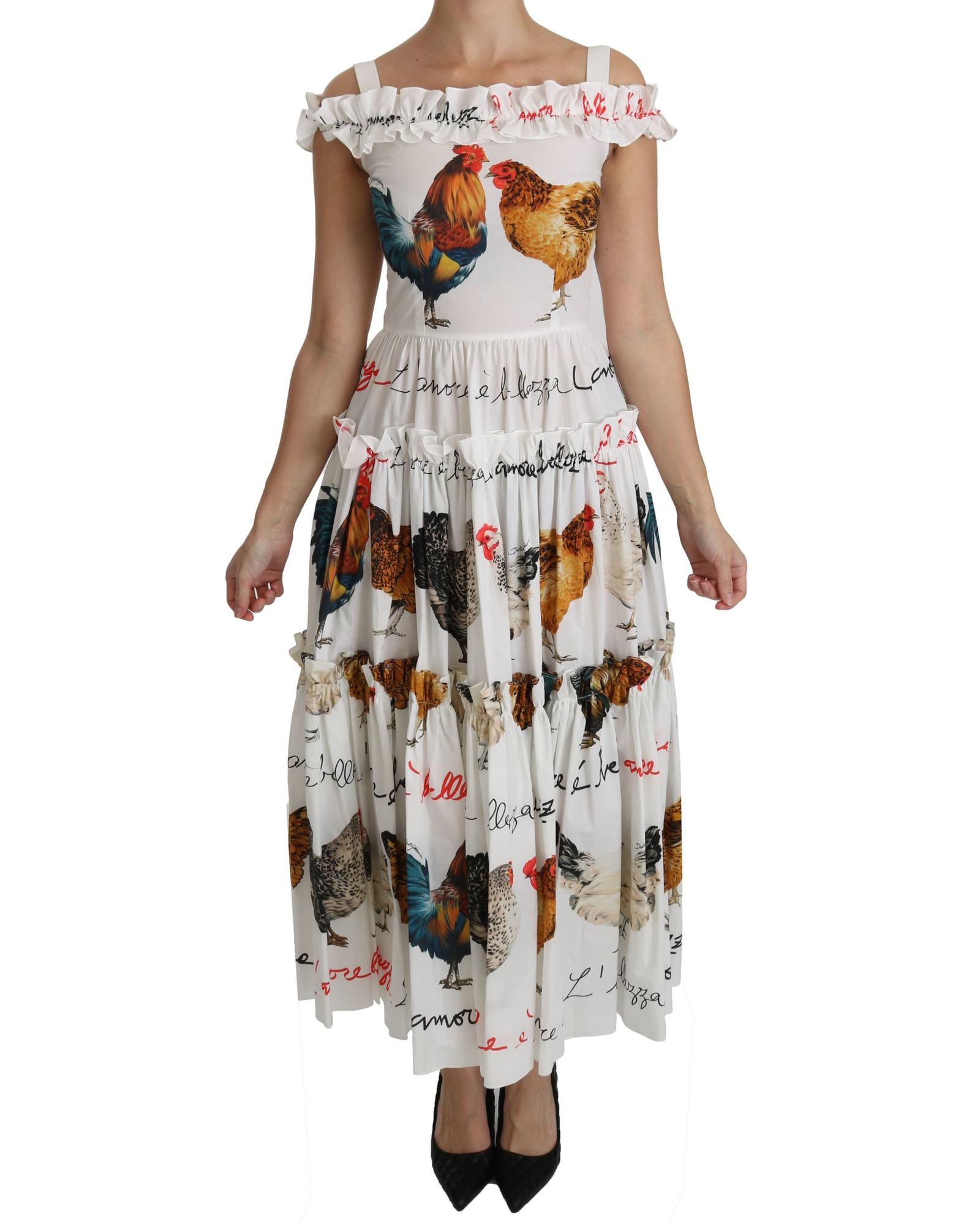 V539-DR2140-38-202509010115-00 100% Authentic Dolce & Gabbana Sheath Midi Dress with Rooster Print 38 IT Women - Image 1