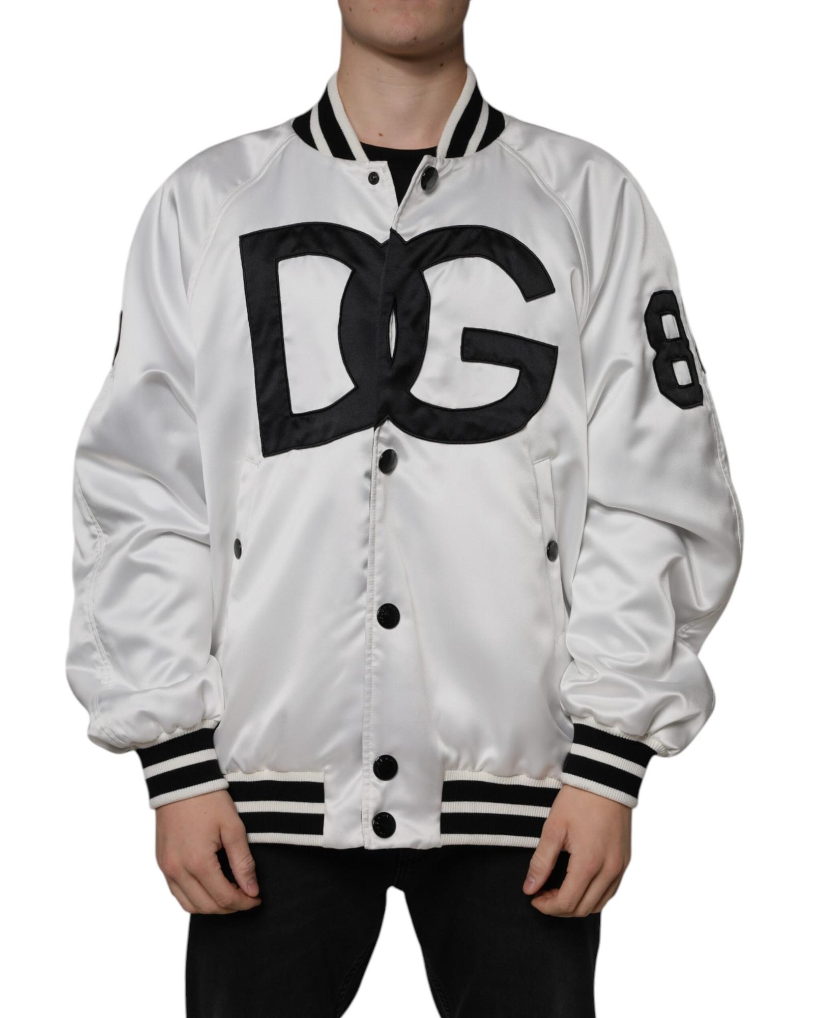 V539-JKT3867-50-202506170710-00 Dolce & Gabbana Men's White Polyester Logo Full Zip Bomber Jacket - 50 IT - Image 1