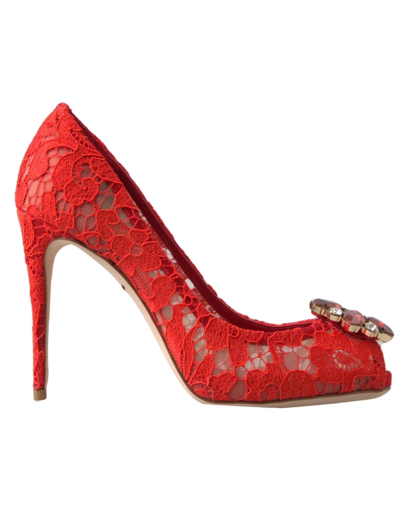 V539-LA10240-365-168517-00 Dolce & Gabbana Women's Red Taormina Lace Crystal Heels Pumps Shoes - 36.5 EU - Image 1