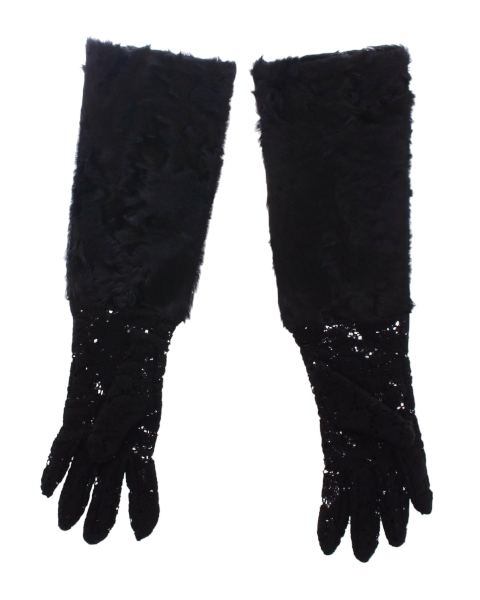 V539-MOM11451-2-202509011330-00 Luxury Black Wool Lace and Xiangao Lamb Fur Gloves 7.5 Women - Image 1