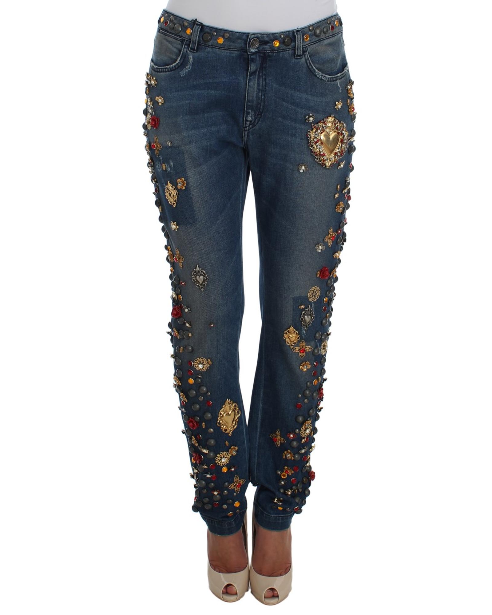 V539-SIG19329-2-202508312015-00 Enchanted Sicily Crystal Heart Roses Boyfriend Fit Jeans 38 IT Women - Image 1