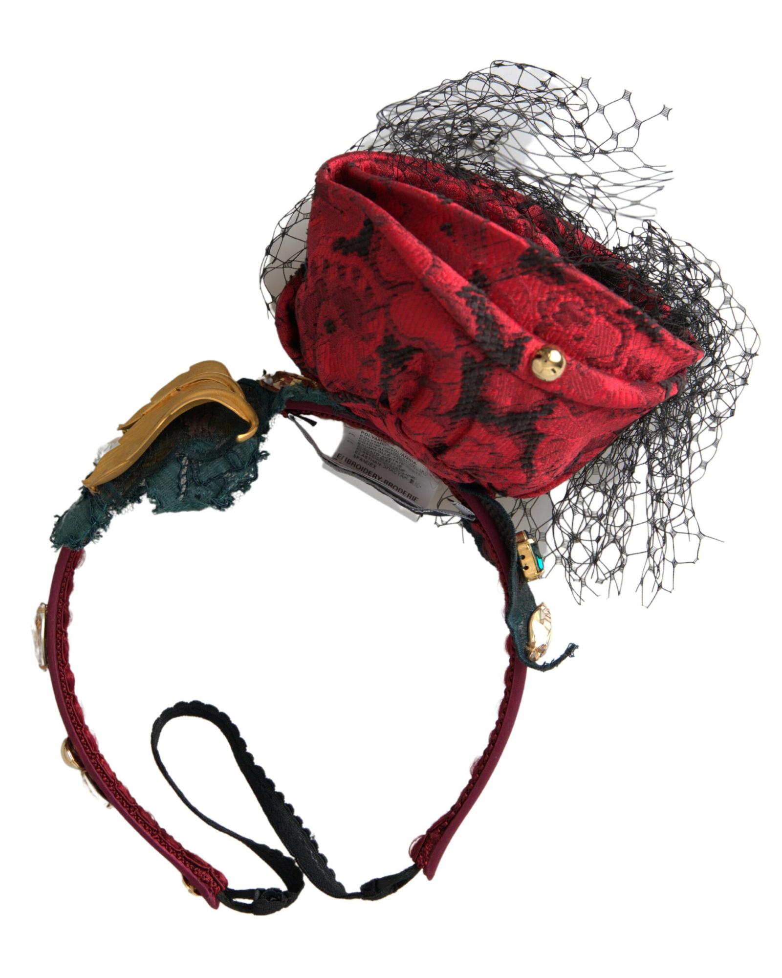 V539-SMY101162-175838-00 Dolce & Gabbana Women's Red with multicolor Rose Silk Crystal Netted Logo Diadem Headband - One Size - Image 1