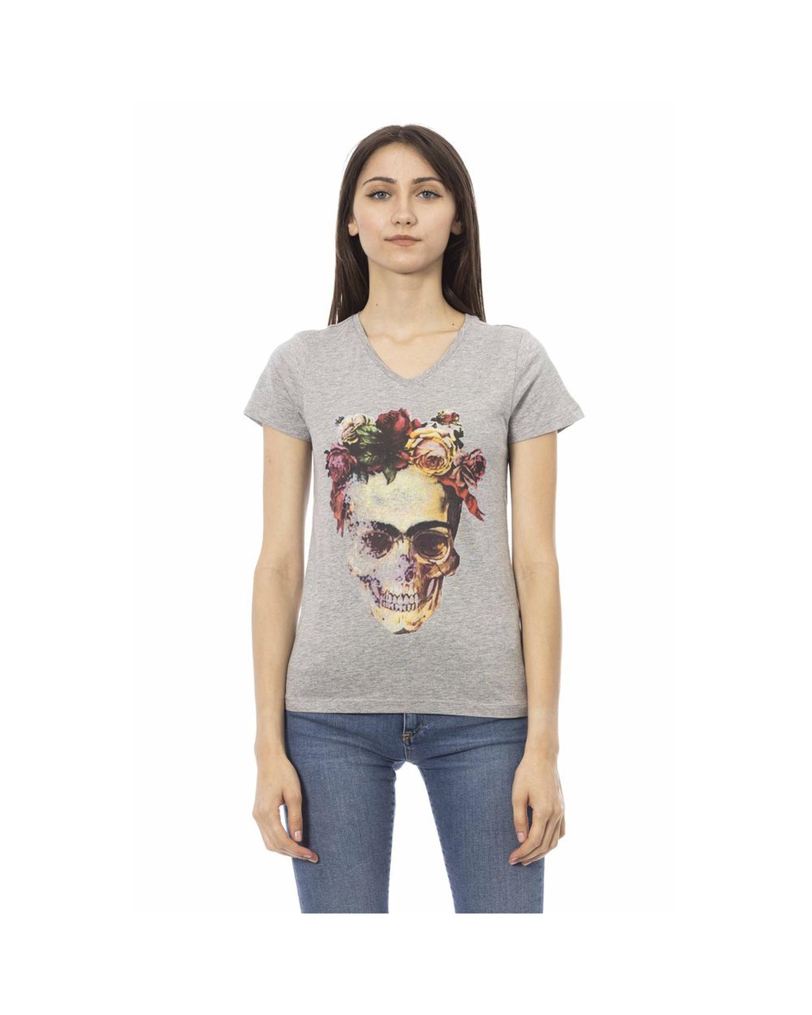 V539-TR-24176-M-202506111810-00 Trussardi Action Women's Elegant Gray V-Neck Tee with Front Print - M - Image 1