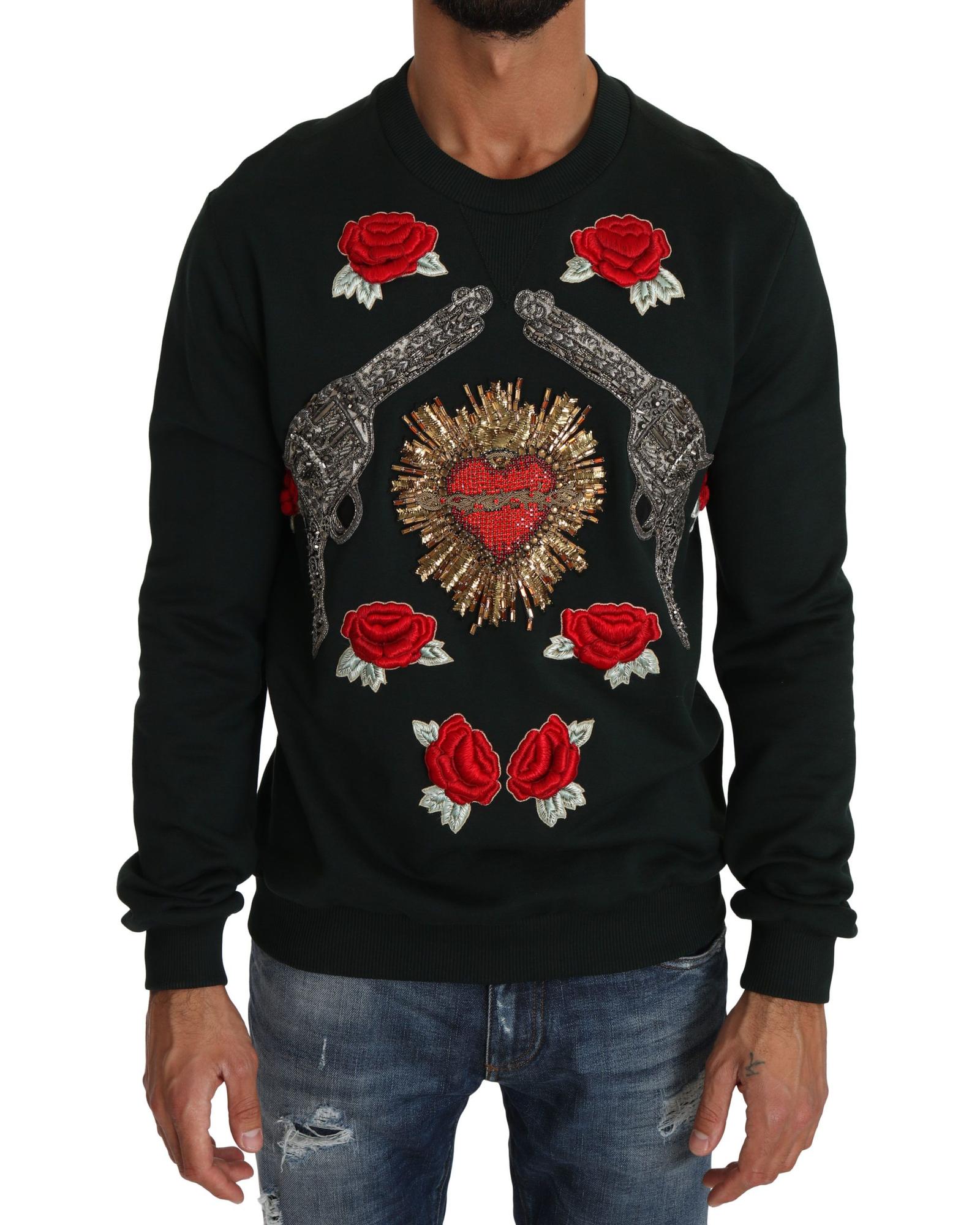 V539-TSH2519-48-202508311745-00 Dolce & Gabbana Green Cotton Crystal Heart Roses Embroidered Pullover Sweater 48 IT Men - Image 1