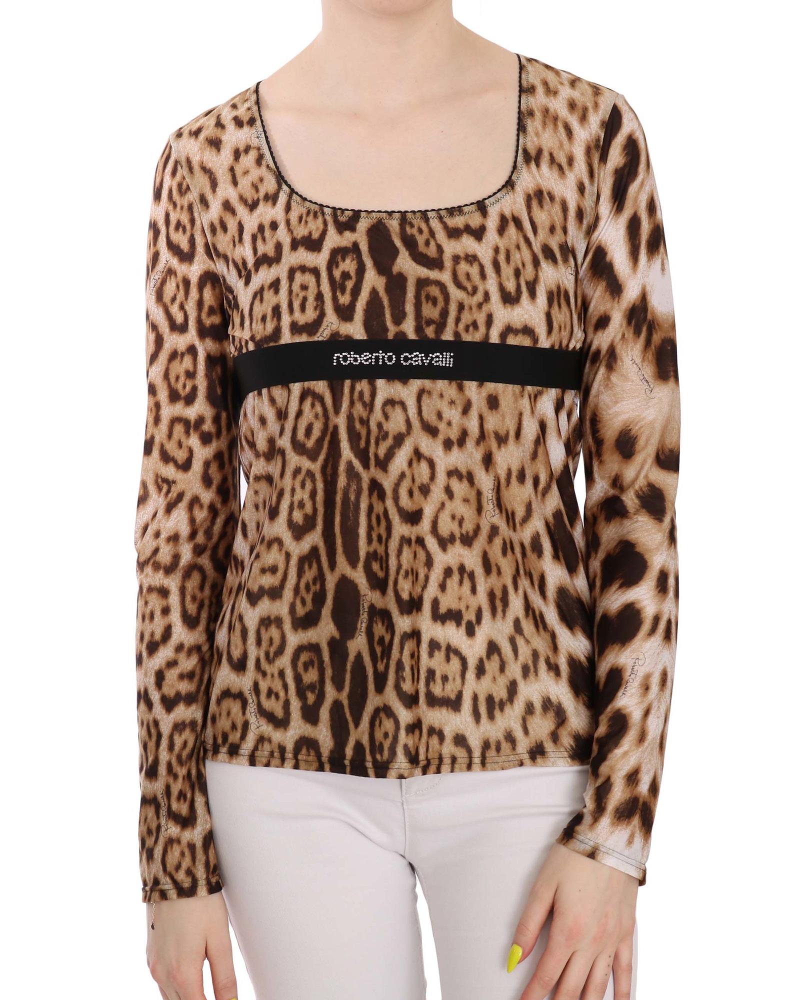 V539-TSH3671-46-202509011800-00 Roberto Cavalli Long Sleeve Round Neck Leopard Top 46 IT Women - Image 1