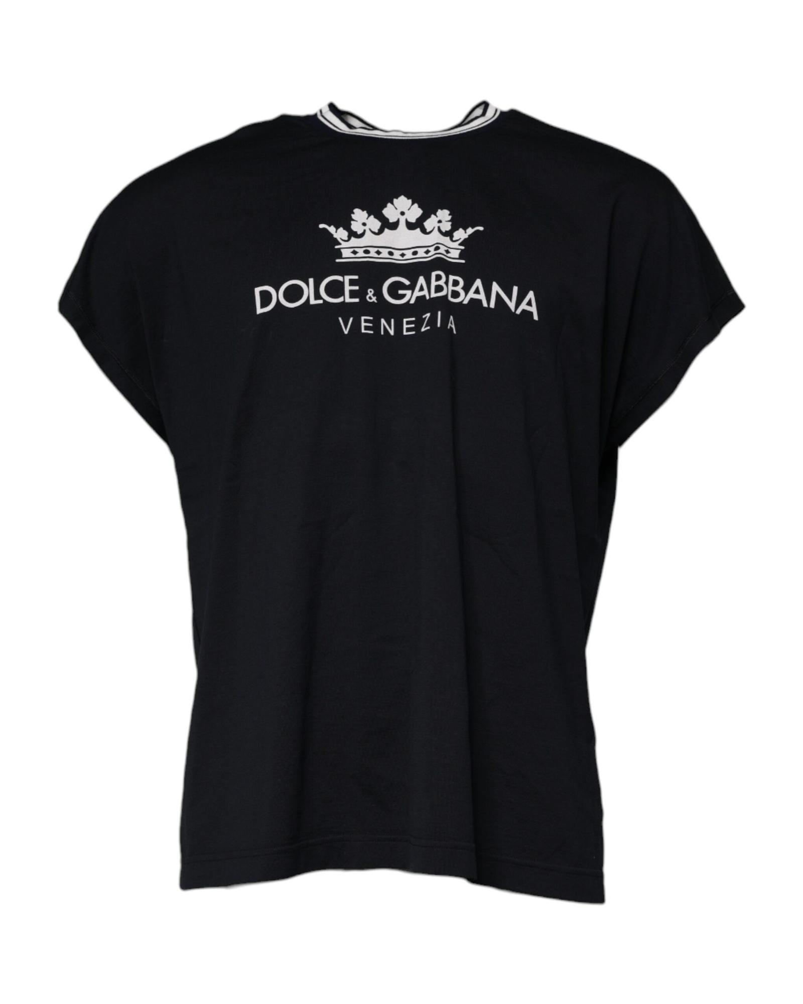 V539-TSH90053-46-202506181154-00 Dolce & Gabbana Men's Dark Blue Logo Crown Cotton Crew Neck T-shirt - 46 IT - Image 1