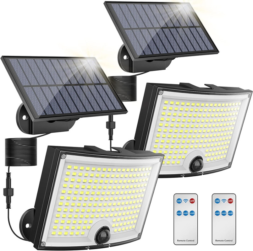 V541-SOLAR-LED-W-2-190299-00 KagoLing Solar Lights Outdoor 202 LED Motion Sensor Lights IP65 Waterproof 120 Degree Beam Angle Solar Garden Lights 2 Pack with 5M Cable - Image 1