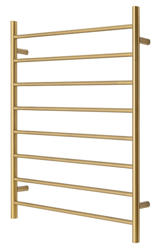 V549-10085ROUNDHEATGOLD-109654-00 Premium Brushed Gold Heated Towel Rack - 8 Bars, Round Design, AU Standard, 1000x850mm Wide - Image 1