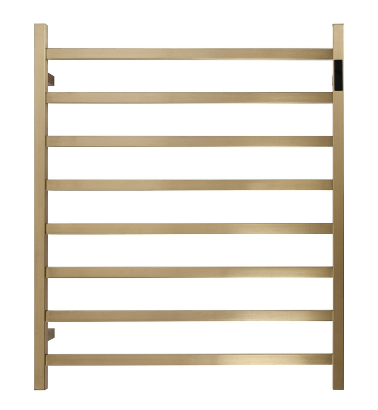 V549-10085SQUARELEDGOLD-109656-00 Premium Brushed Gold Heated Towel Rack With LED control- 8 Bars, Square Design, AU Standard, 1000x850mm Wide - Image 1