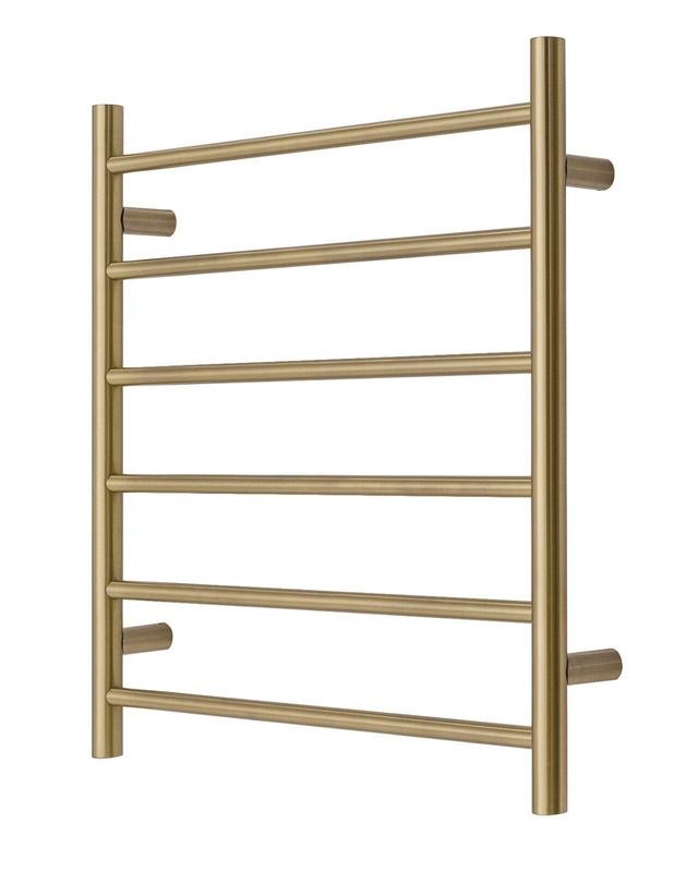 V549-6562ROUNDHEATGOLD-109776-00 Premium Brushed Gold Heated Towel Rack - 6 Bars, Round Design, AU Standard, 650x620mm Wide - Image 1