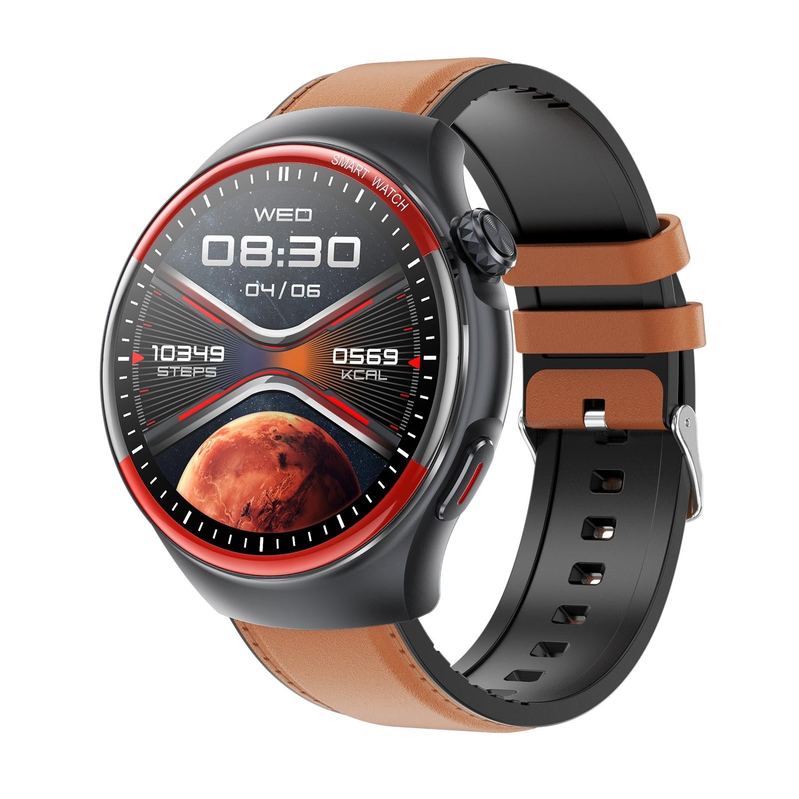 V562-206073700ADE-202504171920-00 Smart Round Screen Watch With Bt Call And Health Tracking - Leather - Leather Brown - Image 1