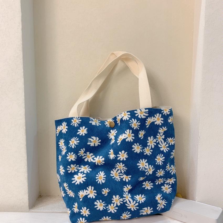 V562-3077404060DBT-202504251541-00 Large Capacity Corduroy Tote Bag with Floral Design - Blue Daisy - Image 1