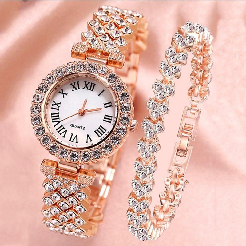 V562-6033823060DBT-202505271122-00 Rose Gold Roman Diamond Watch & Bracelet Set - Image 1