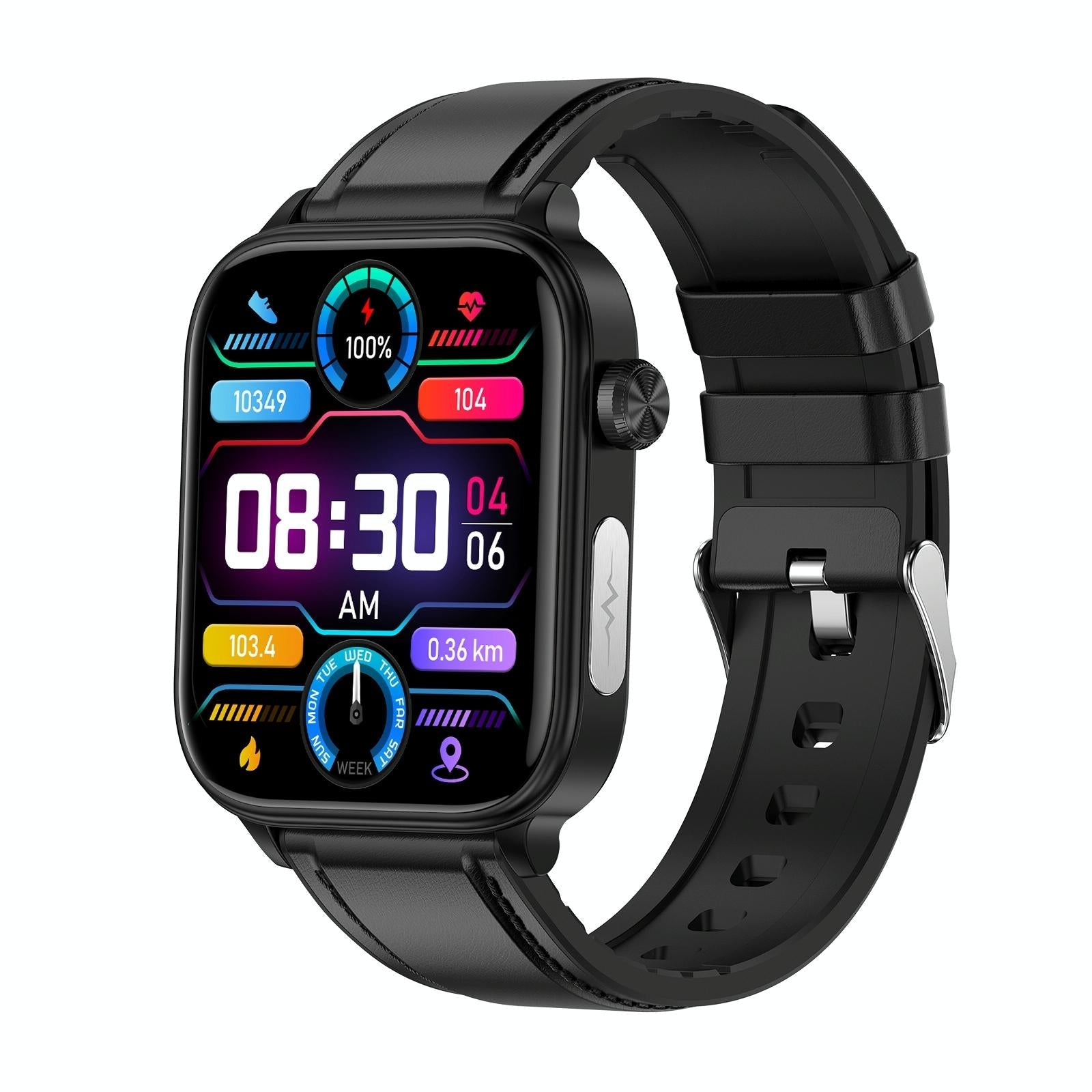 V562-A103725200AYS-202504251938-00 1.96 Inch Colour Screen Smart Watch Leather Strap Support Bluetooth Call / Ecg - Black - Image 1