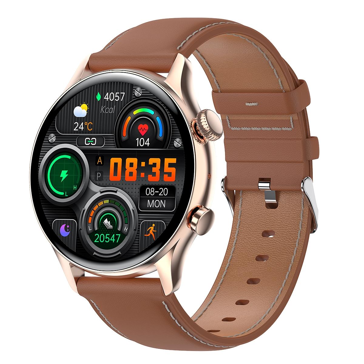 V562-A105439200ADE-202504251930-00 1.36 Inch Amoled Screen Leather Strap Smart Watch Support Nfc Function / Blood Oxygen Monitoring - Gold - Image 1