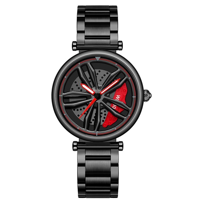 V562-A108432200ADE-202504171205-00 Women Steel Belt Quartz Watch with 3d Hollow out Wheel Design - Black Red - Image 1