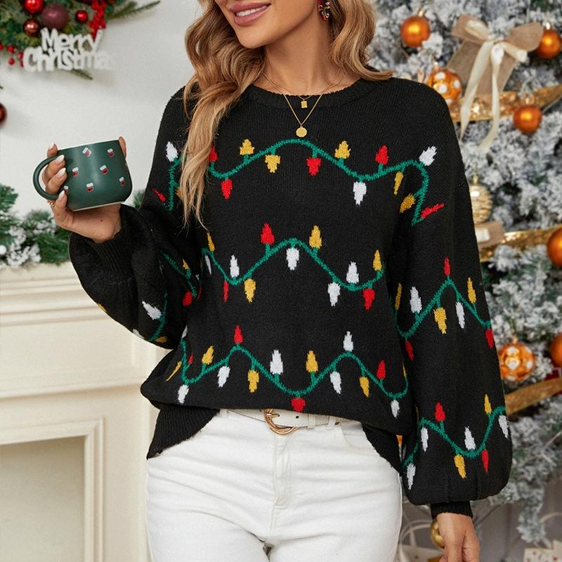 V562-A1096914060DBT-202505261935-00 Women Christmas Sweater Sweet Loose Pullover Knit Sweater Black - S - Image 1