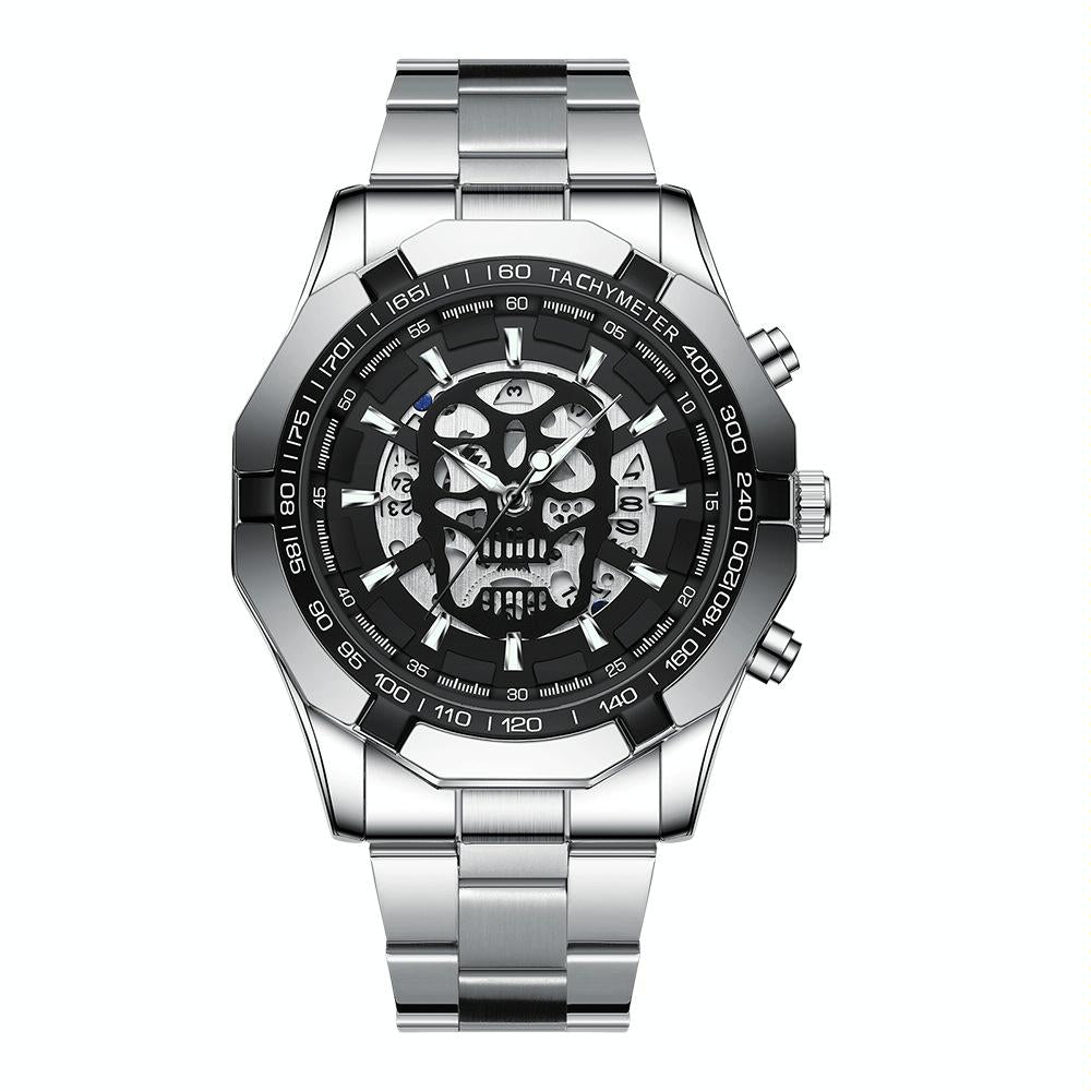 V562-A1097343060DBT-202504161905-00 Waterproof Luminous Skeleton Watch - 30m - White Steel Black - Image 1