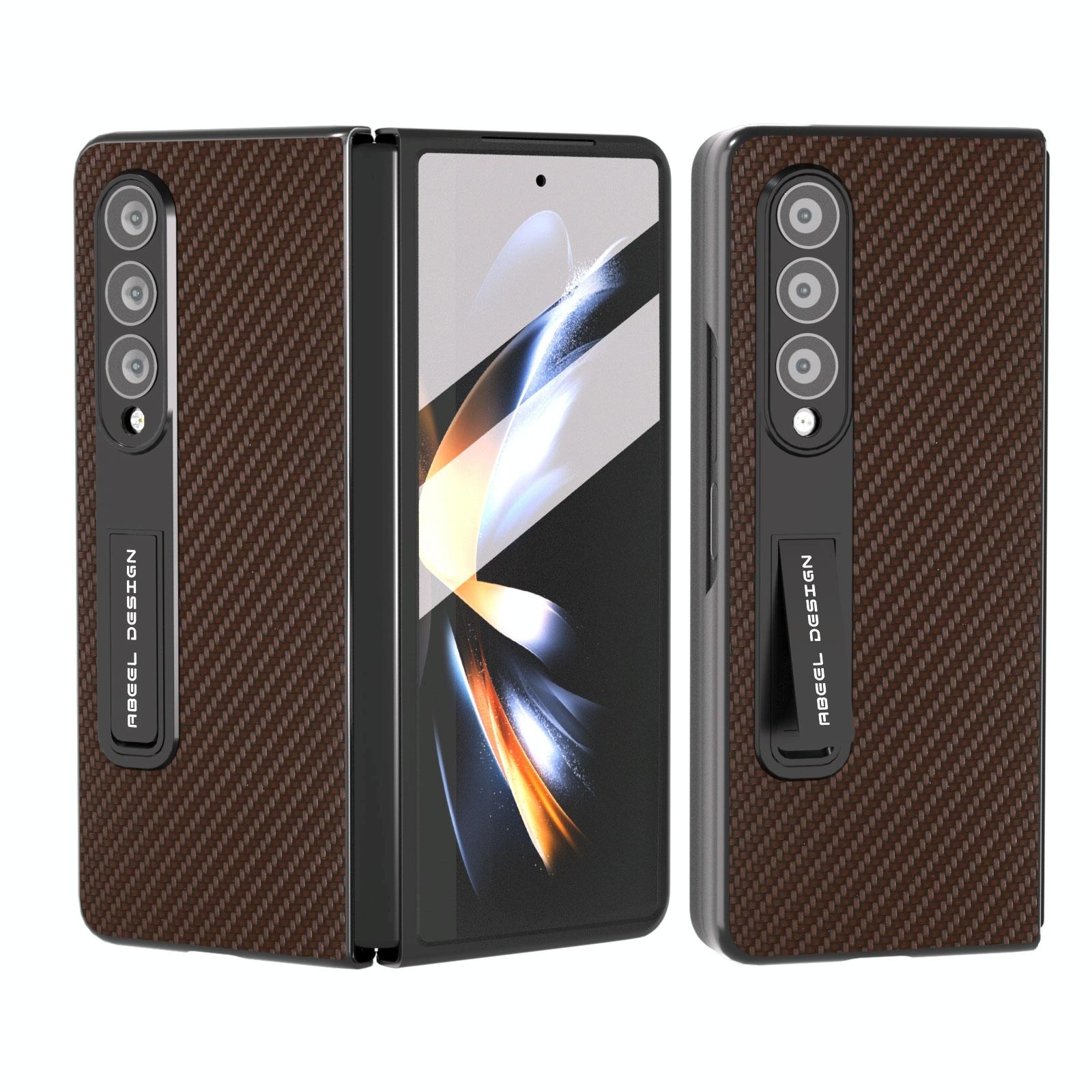 V562-A202707400ADE-202505221916-00 For Samsung Galaxy Z Fold4 5G Carbon Fiber Phone Case With Holder - Brown - Image 1