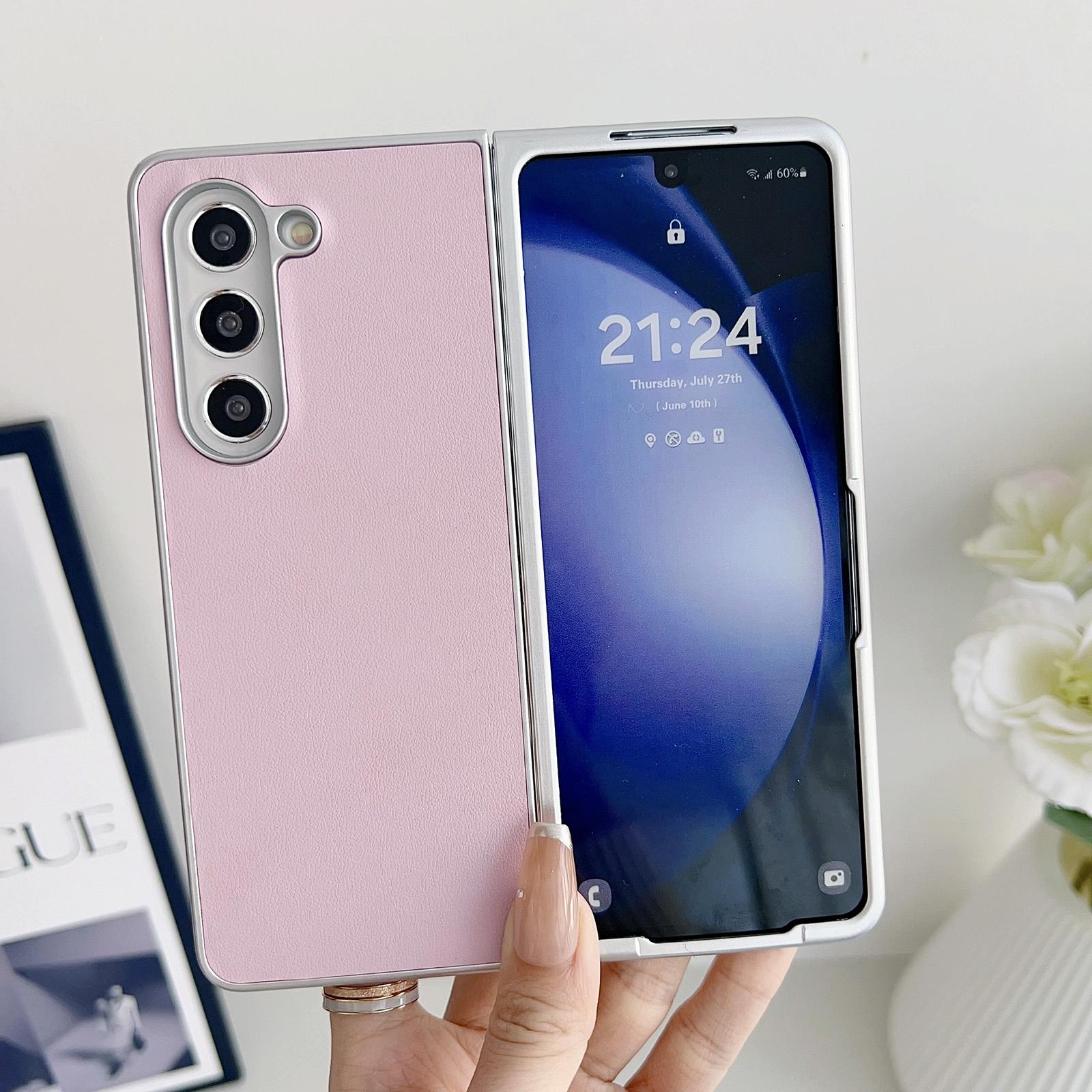 V562-A202771600ADE-202505221905-00 For Samsung Galaxy Z Fold4 5G Shiny Leather Phone Case With Metallic Finish - Pink - Image 1