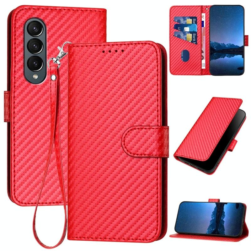 V562-A209615600ADE-202505221911-00 For Samsung Galaxy Z Fold4 5G Carbon Fiber Leather Phone Case With Lanyard - Red - Image 1