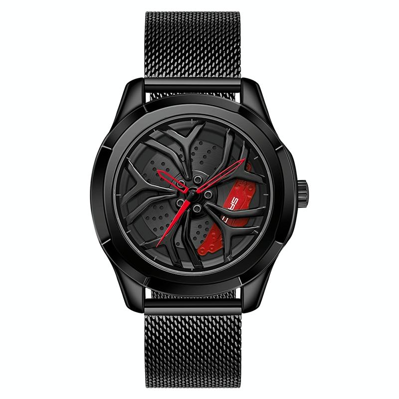 V562-A301432200ADE-202505211930-00 Men Mesh Belt Quartz Watch with 3d Hollow out Wheel - Black Red - Image 1
