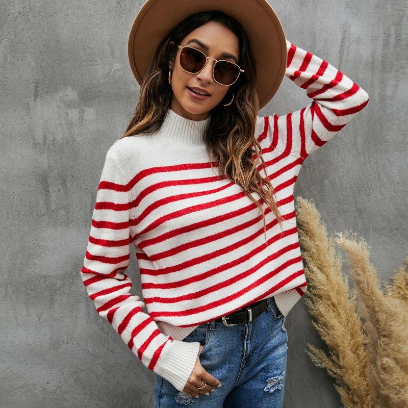 V562-A5023123060DBT-202505261941-00 Women Striped Knitwear Loose Stand-Up Collar Pullover Sweater - Red And White - Xl - Image 1