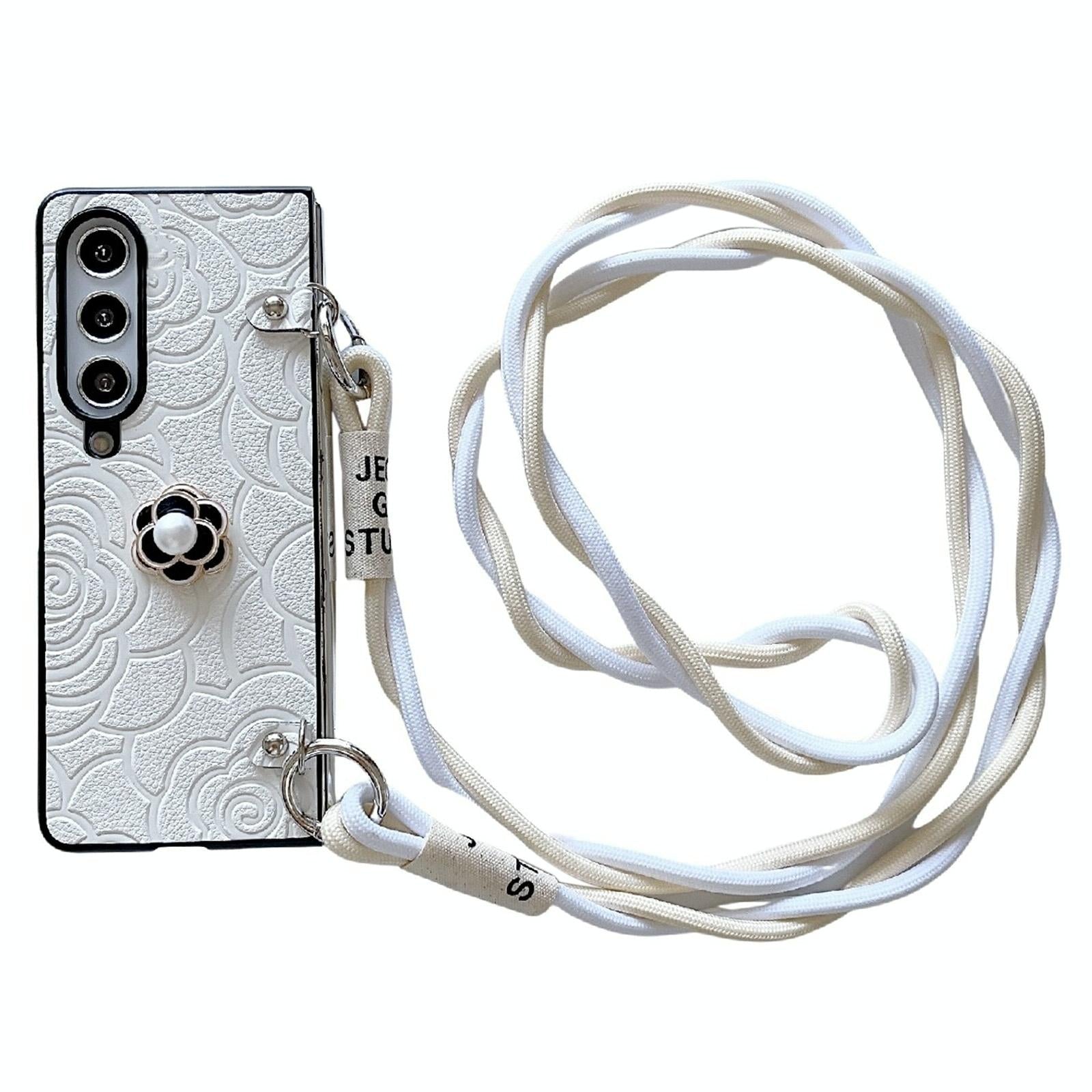 V562-A502500600ADE-202505221915-00 For Samsung Galaxy Z Fold4 5G Camellia Pattern Phone Case With Lanyard - White - Image 1