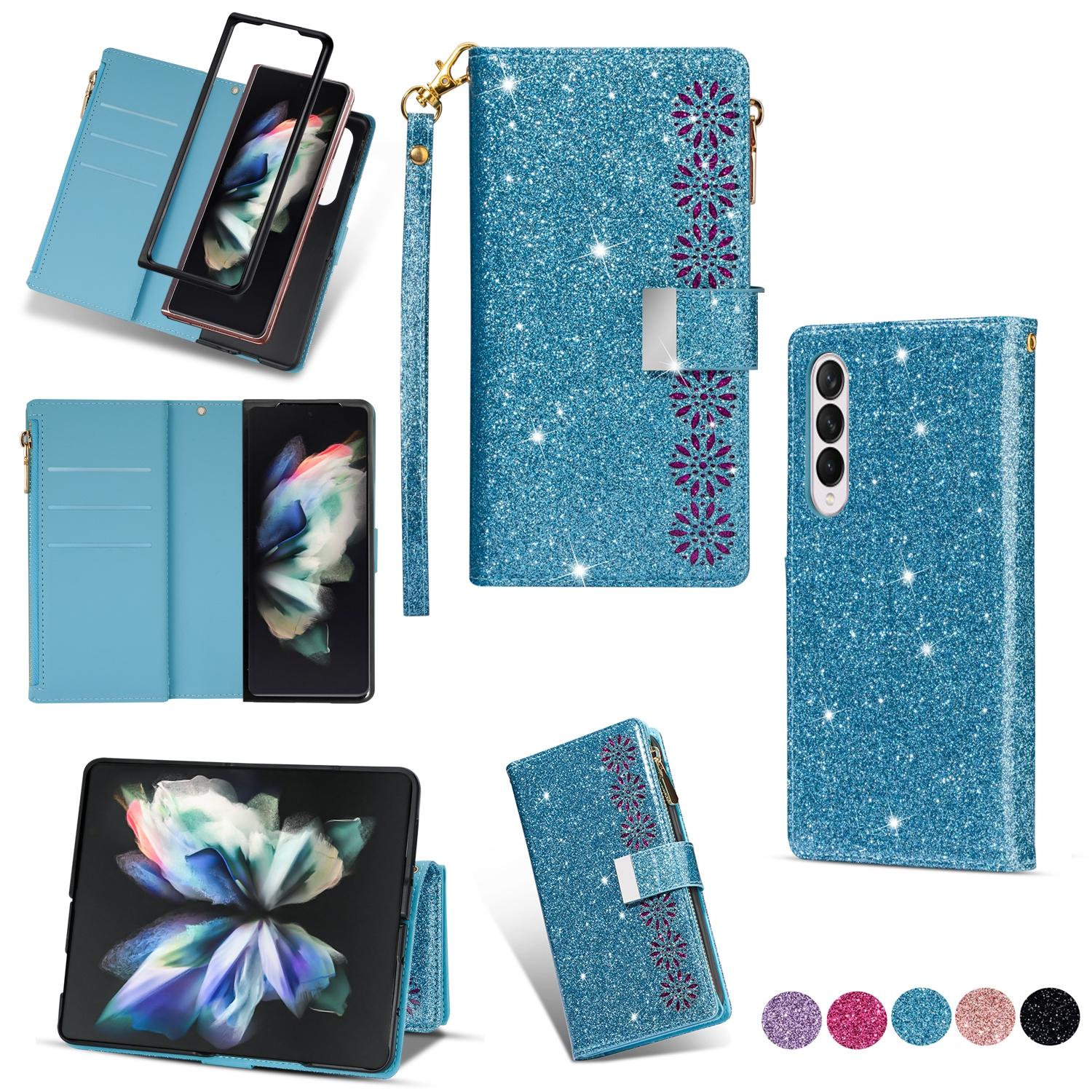 V562-A504564300ADE-202503211426-00 For Samsung Galaxy Z Fold4 5G Sparkling Leather Zip Case - Zipper Closure - Sky Blue - Image 1