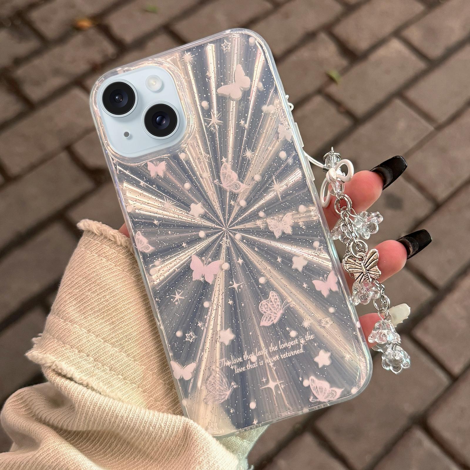 V562-A708663600ADE-225135-00 Double Layer Acrylic Tpu Shockproof Phone Case with Fireworks Butterfly Pattern and Star Butterfly Design for Iphone 15 - Image 1