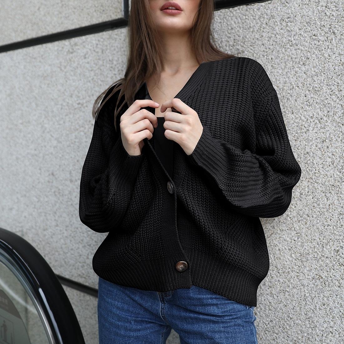 V562-AA71221722YZ-202505261948-00 Fashion Cardigan Solid Colour Knit Button Sweater Black - Black S - Image 1