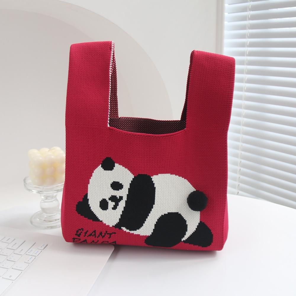 V562-B1002763060DBT-202504251526-00 Cartoon Panda Knit Bag - Large Capacity Vest Handbag - Red - Image 1