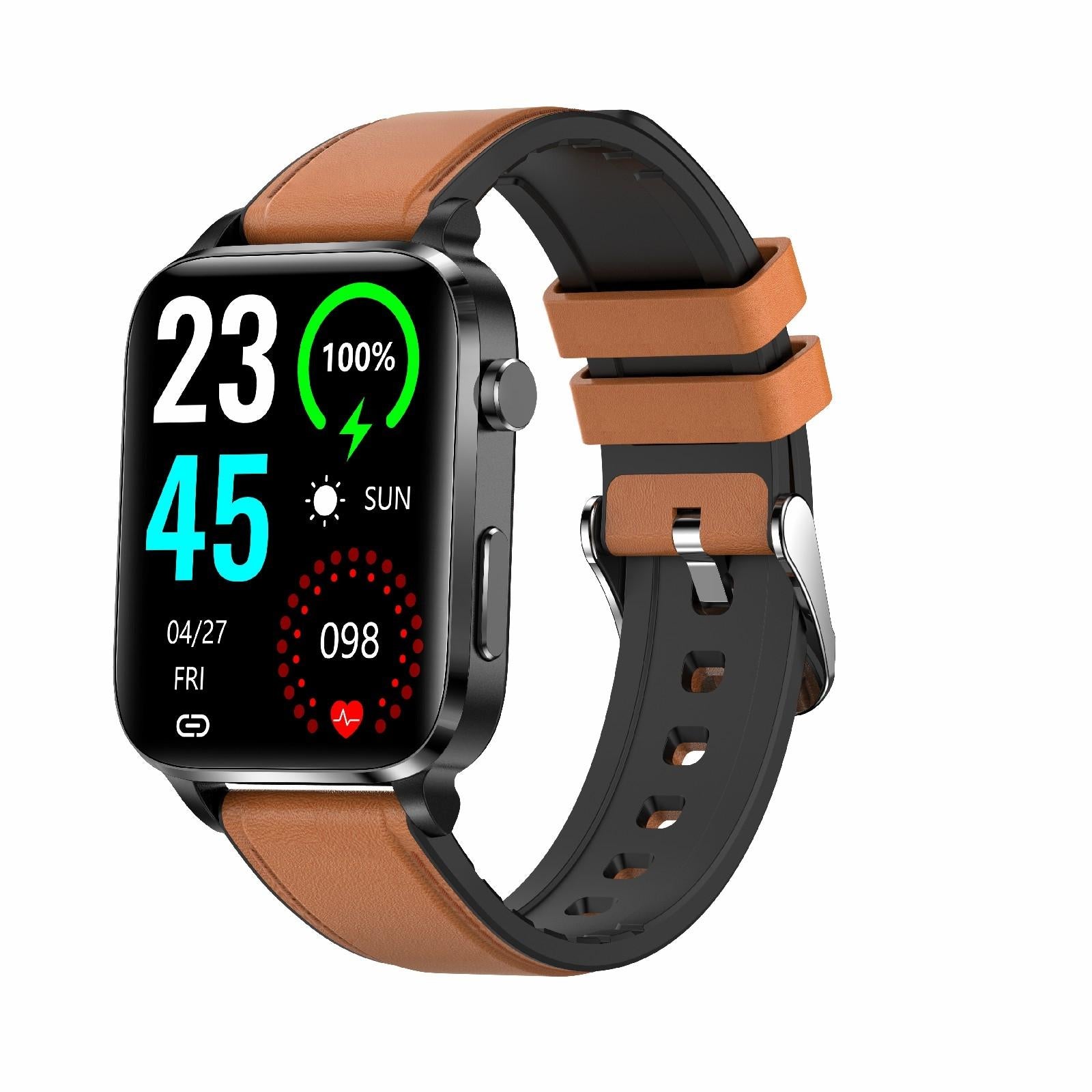 V562-B102838300ADE-202504251940-00 1.7 Inch Hd Square Screen Leather Strap Smart Watch Supports Body Temperature Monitoring / Blood Oxygen Monitoring - Brown - Image 1