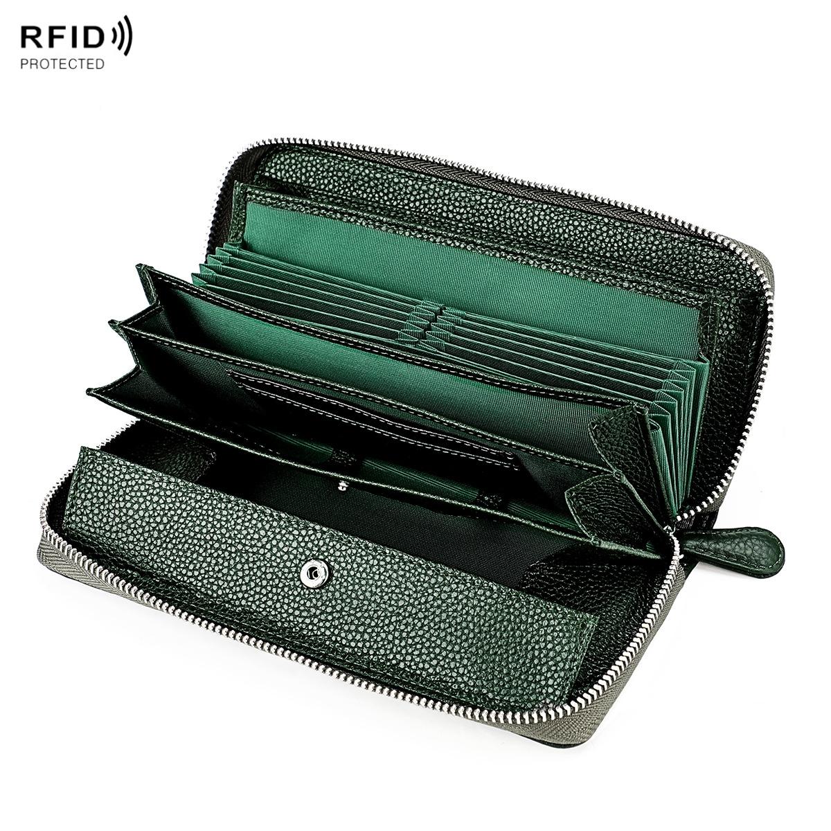 V562-B103266100ADE-202505211942-00 Stylish Rfid Clutch with Zipper - Lychee Texture - Armygreen - Image 1