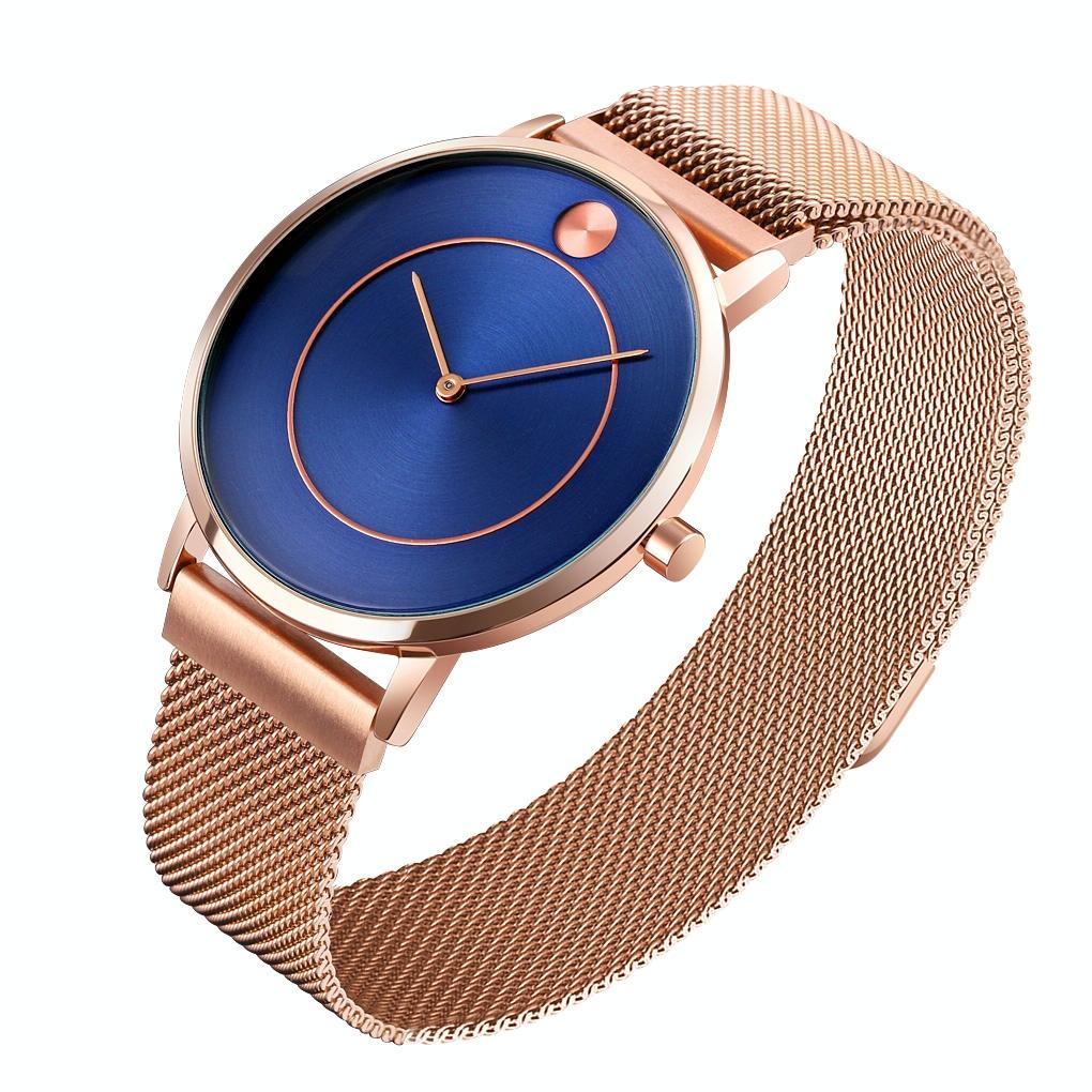 V562-B104139100ADE-202504171947-00 Women Metal Mesh Quartz Watch with Non-scale Dial - Rose Gold Blue Surface - Image 1